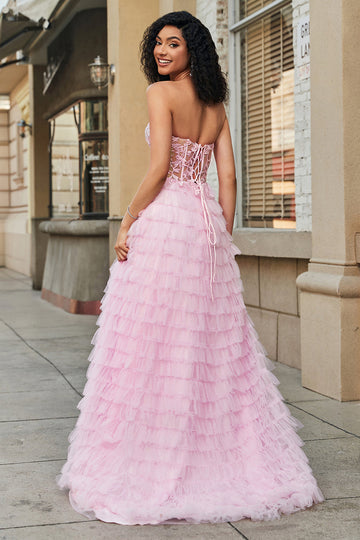 Rosa A-Line senza spalline a più livelli Corsetto lungo Prom Dress con pizzo